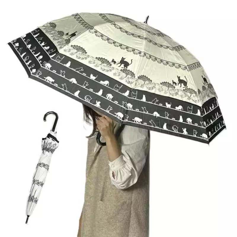 世界首創新機構 最強UV防護100％晴雨兩用變形傘 貓咪圖案 27019 米白