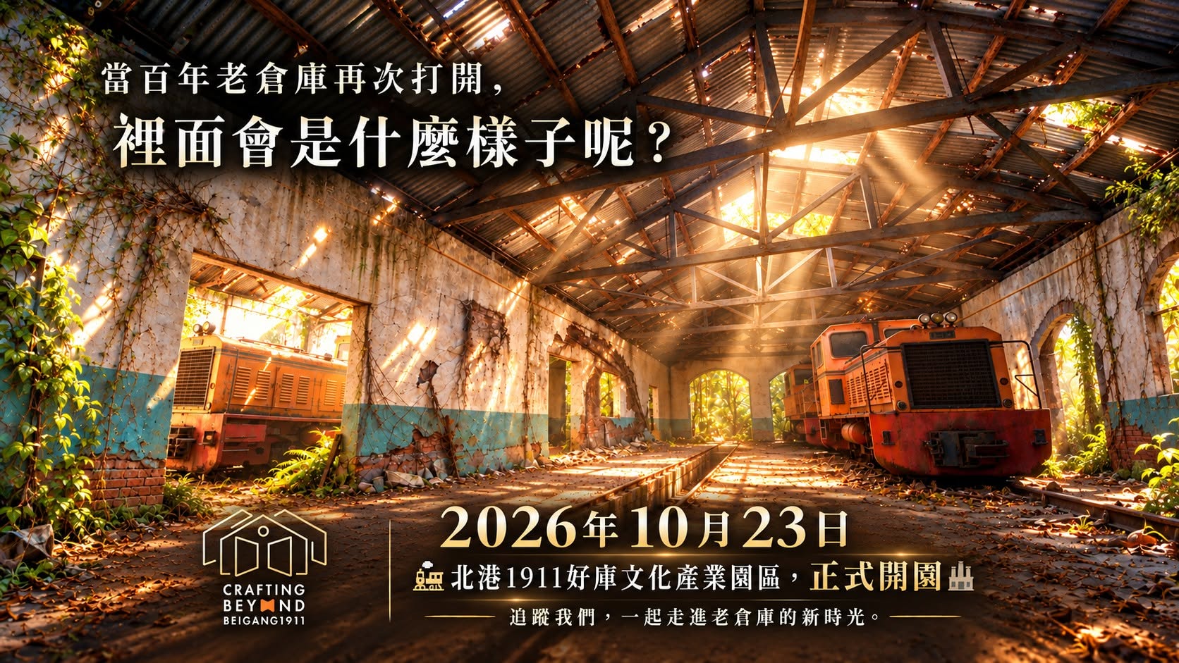 照片：百年老倉庫內景，展示了充滿歲月痕跡的工業建築與火車頭。