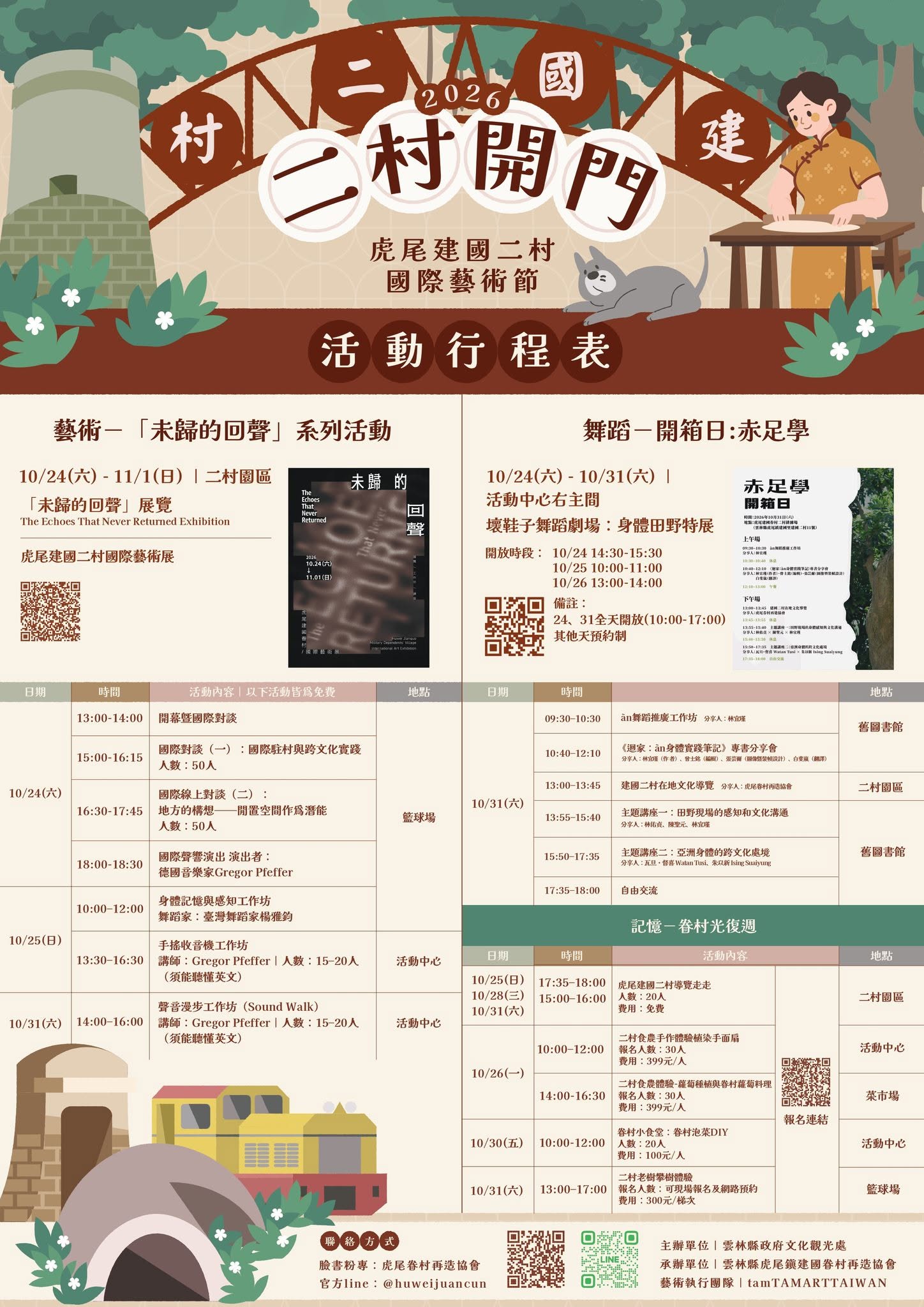活動海報:二村開門暨眷村光復週體驗活動行程表,展示多樣化的藝術與文化活動。