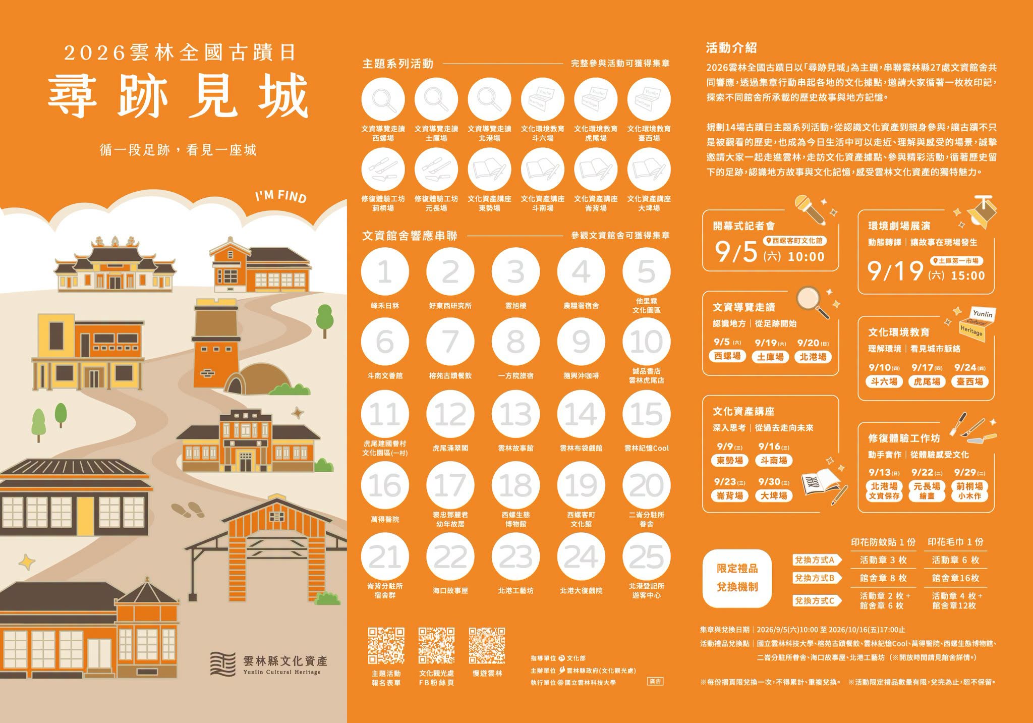摺頁地圖，展示雲林全國古蹟日文資路徑與活動點位。
